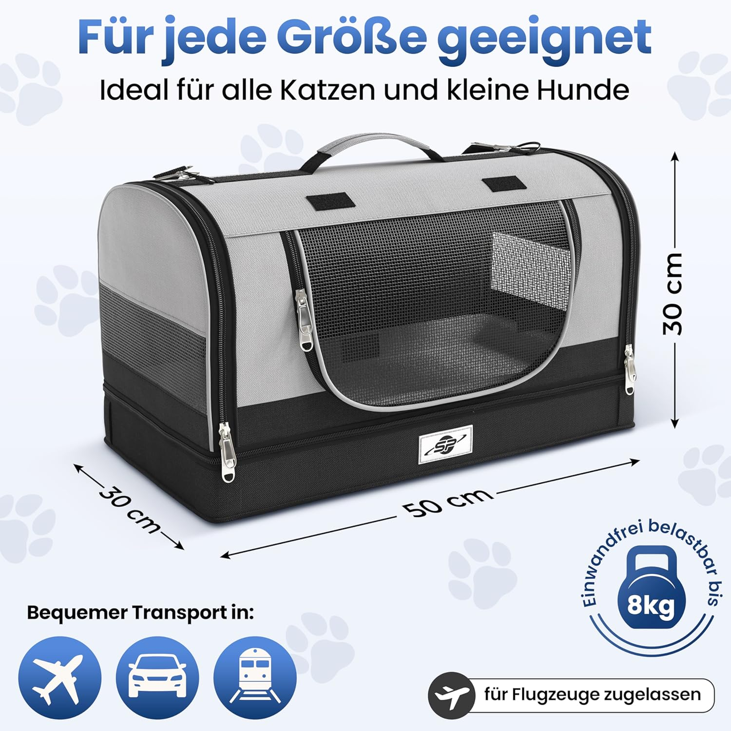 Foldable & Stable Cat Transport Box with Removable Base - Transport Bag for Cats and Small Dogs up to 8 Kg Including 2 Bowls, Shoulder Strap, Safety Lead, Ventilation, Reflectors image number 2