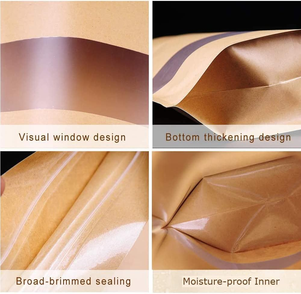 20Pc 9Cmx14Cm+3Cm Kraft Paper Stand up Doy Pouch Zip Lock Bags with Window Food Storage image number 6