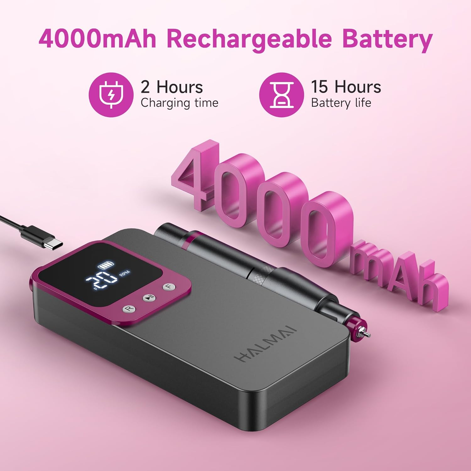 Electric Nail Drill Professional, Portable Nail File for Acrylic Gel Nails, Cordless Rechargeable Ultra Power Nail Drill Kit 40000RPM, HMC320 Salon-Grade Efile Nail Machine (Dark Grey) image number 2