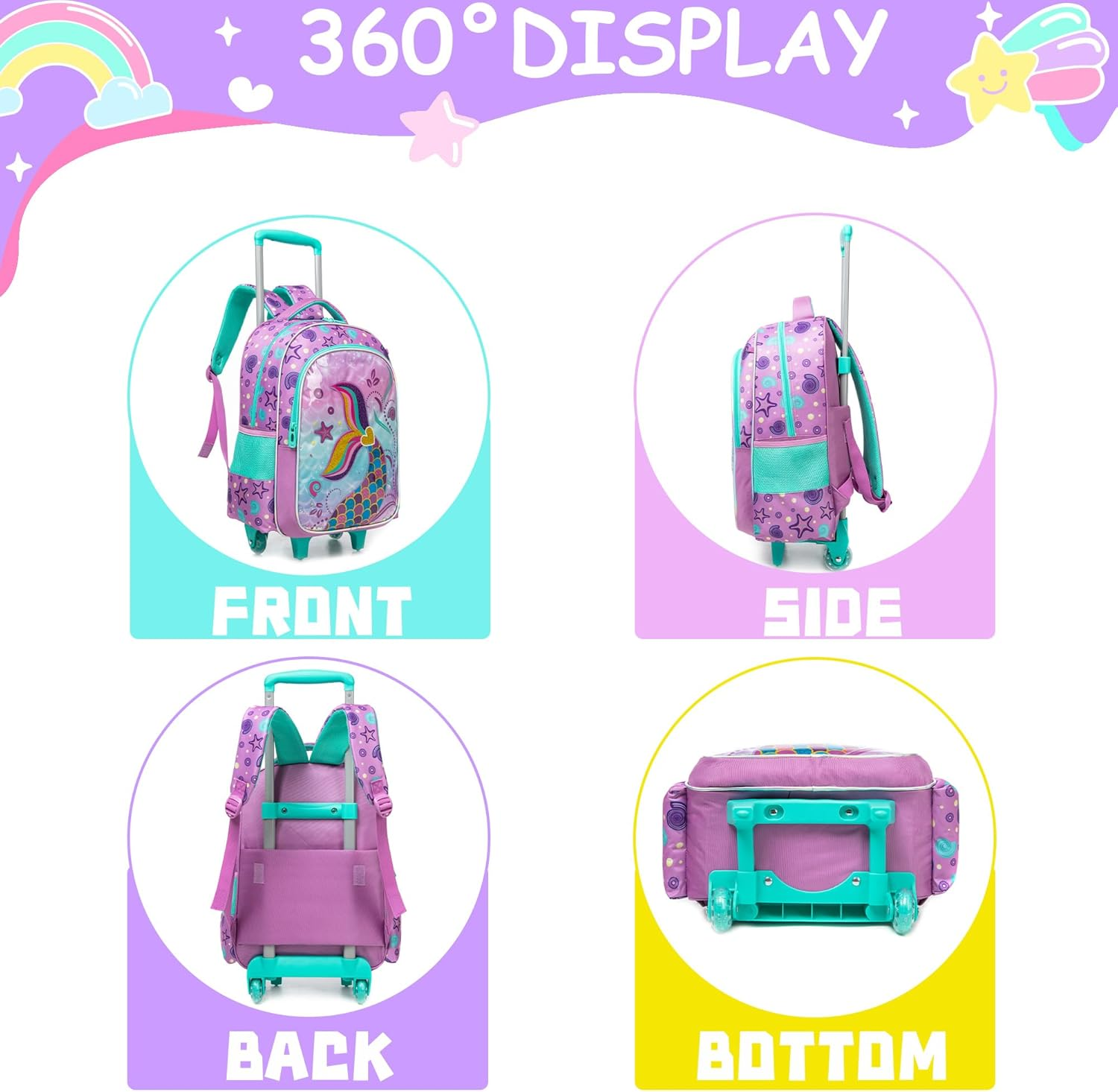 ZBAOGTW Rolling Backpack for Kids with Lunch Box Kids Backpack with Wheels for School, Blue Green Mermaid, 20 Liters