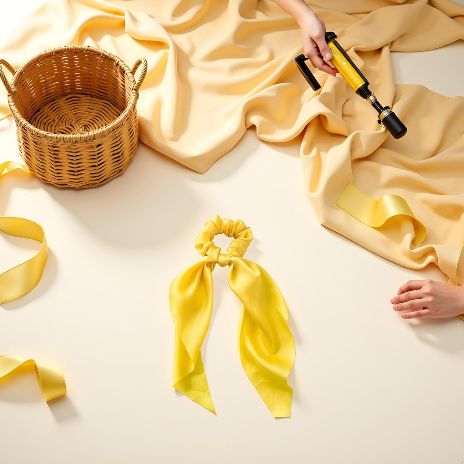 Yellow Women Girl Bow Satin Ribbon Ponytail Scarf Hair Tie Rope Scrunchies Elastic Band Hair Scrunchies Bands Hair Elastics and Ties Hair Accessories,Hair Styling Accessories,Ponytail Holders image number 4