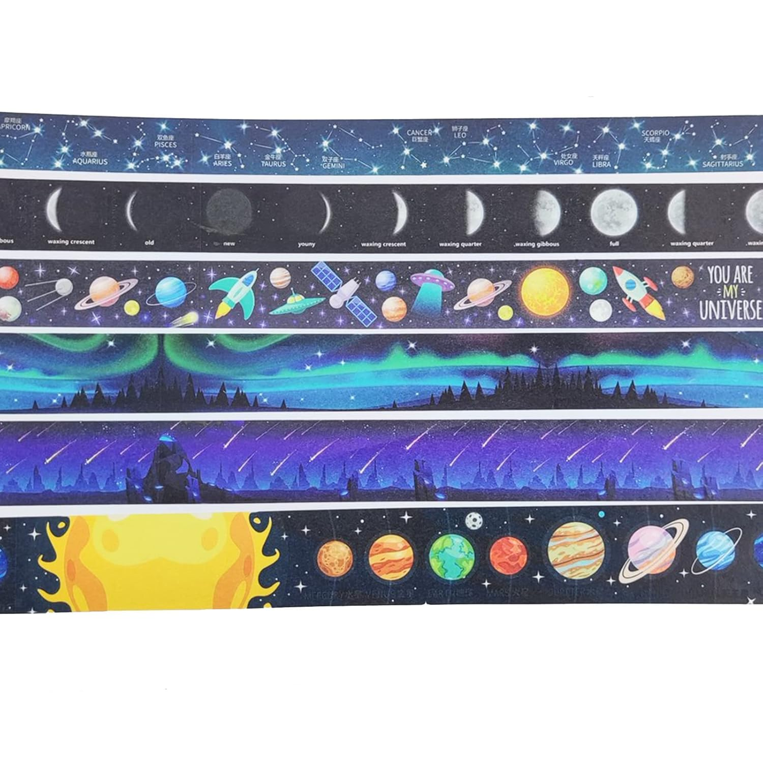 YUBBAEX Luminous Masking Tape, 6 Pcs Galaxy Fluorescent Tape Space Cute Design DIY Craft Journal Planner Scrapbooking Wrapping Present Decoration (Night Light Starry Sky) image number 6