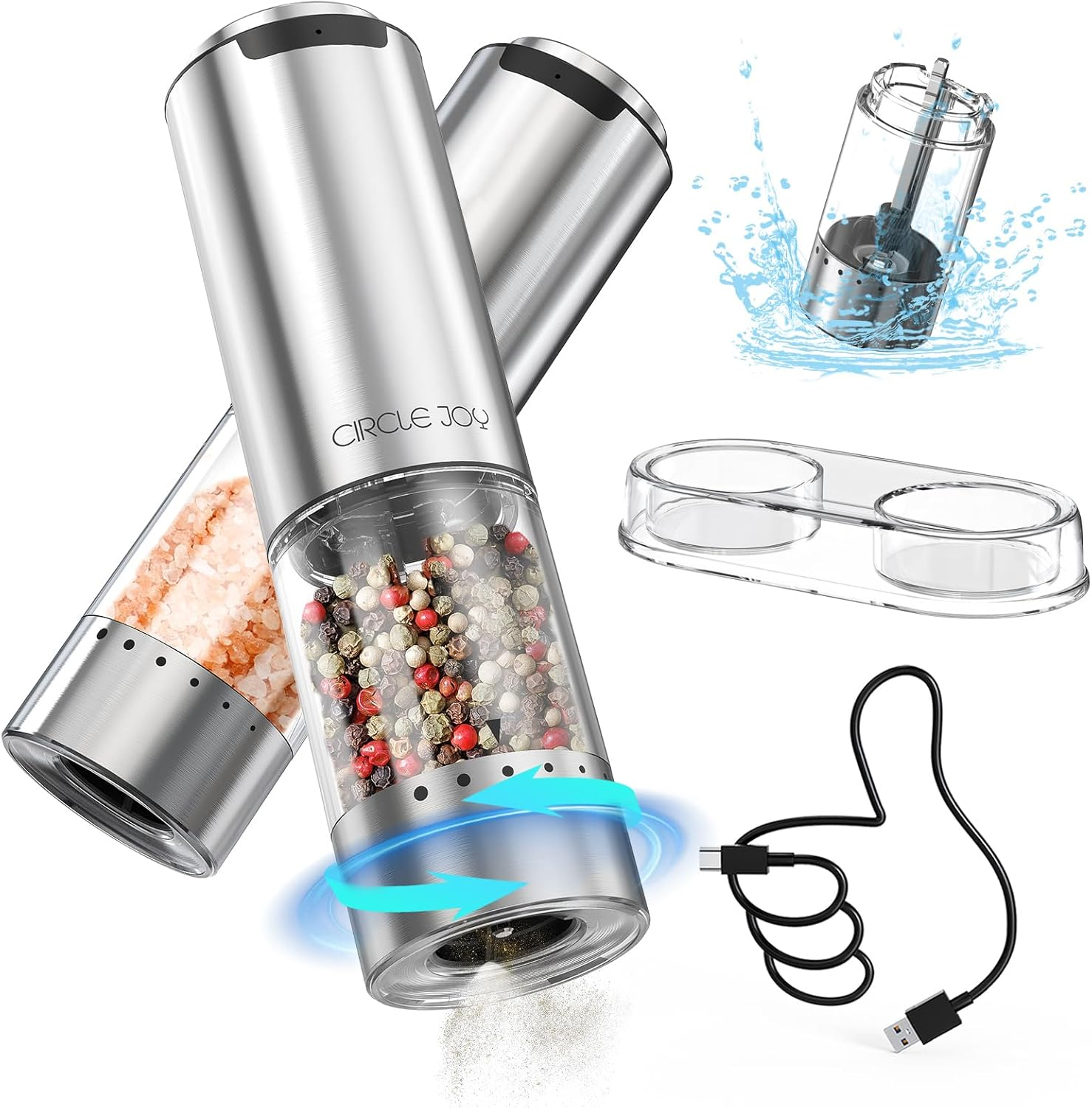 CIRCLE JOY Electric Salt and Pepper Grinder Set Stainless Steel Rechargeable Salt Pepper Mill Set with External Adjustable Coarseness, Storage Base, White LED Light, USB Cable