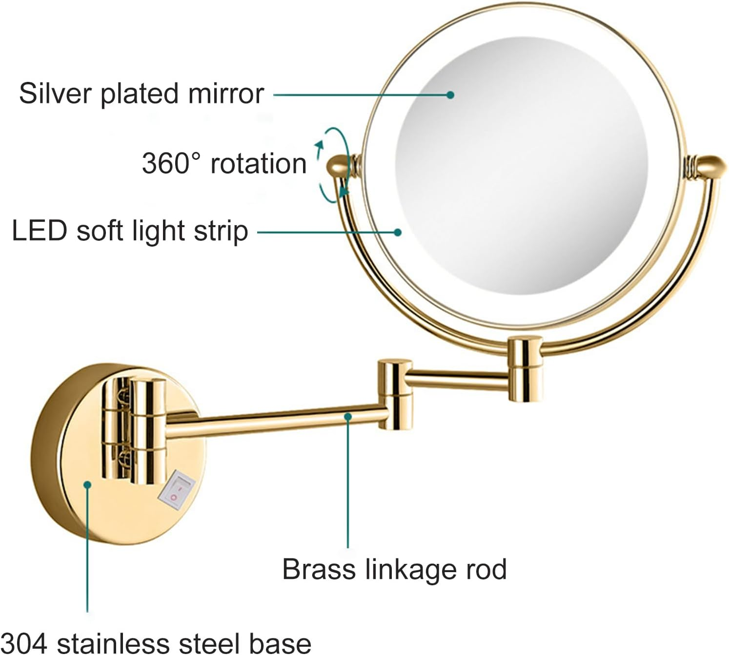 Wall Mounted Lighted Makeup Mirror, Hardwired 8" LED Double Sided Magnifying Vanity Mirror, 360&deg; Swivel Bathroom Shaving Mirror,Brushed Nickel,7X image number 2