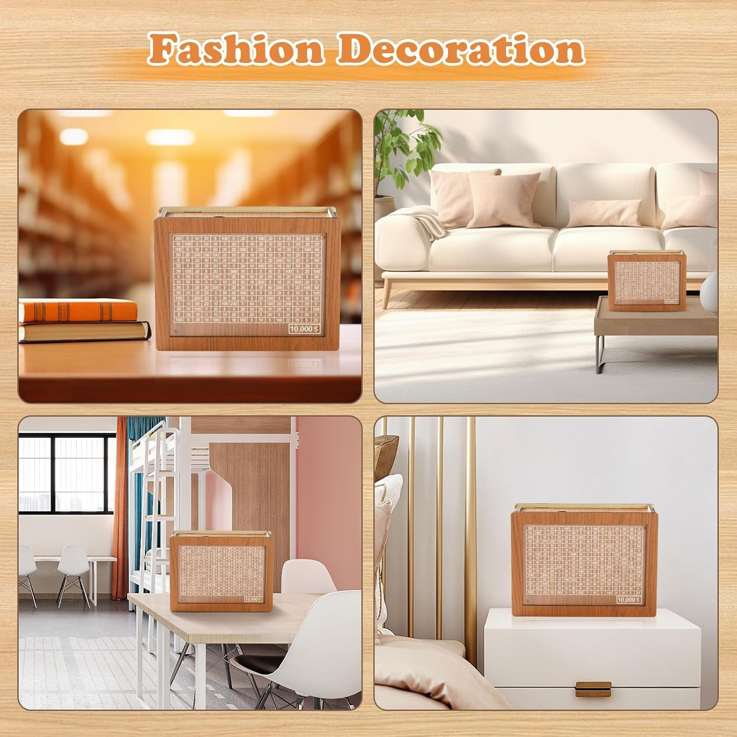 10000 Savings Challenge Box, Cashbox Kakeibo Money Box, Cash Vault Wooden Savings Box 10,000 Dollar, Wooden Digital Piggy Bank for Adults Kids, Money save Box 10K with Erasable Pen, Money Saver image number 3