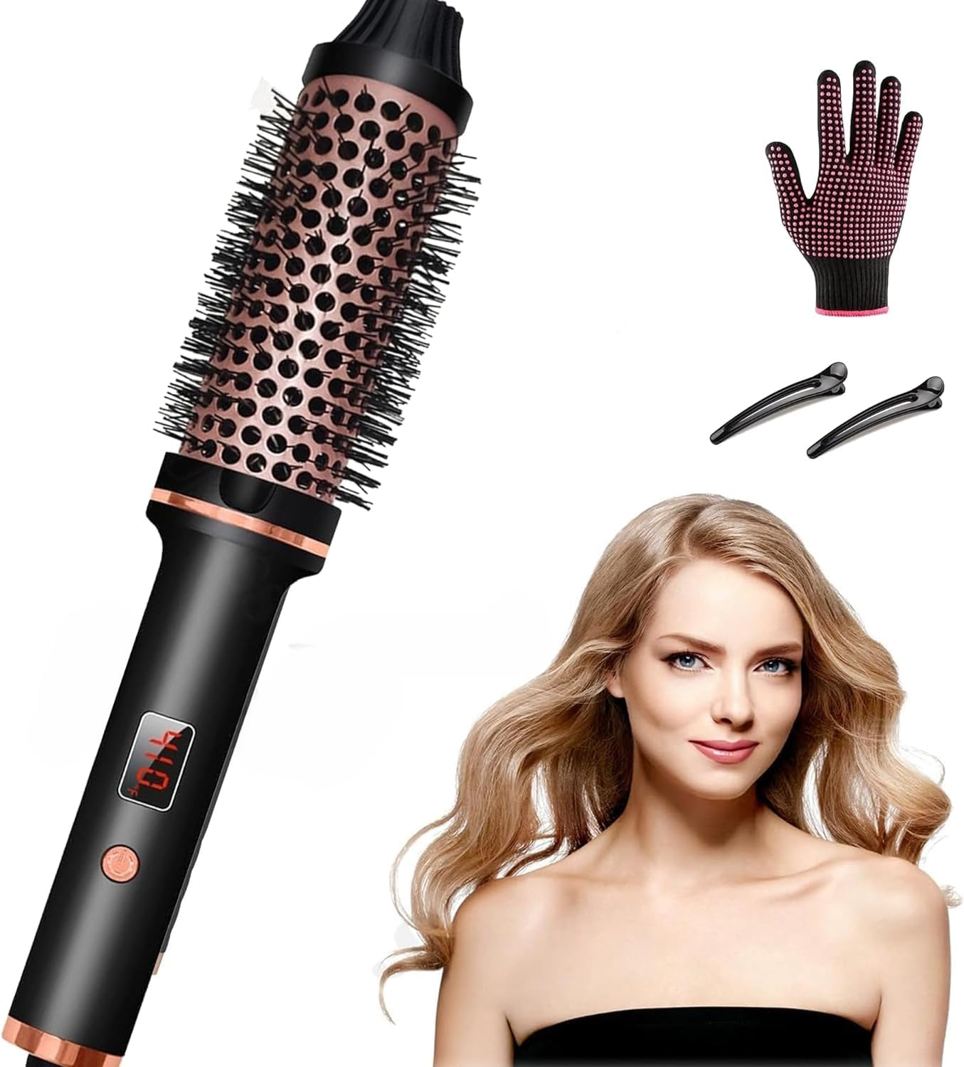 Thermal Brush, Curling Iron Brush Volumizing Heated round Ceramic Tourmaline Ionic Comb Dual Voltage Travel Curling Iron, Hairbrushes LCD Display, 10 Temperature Settings