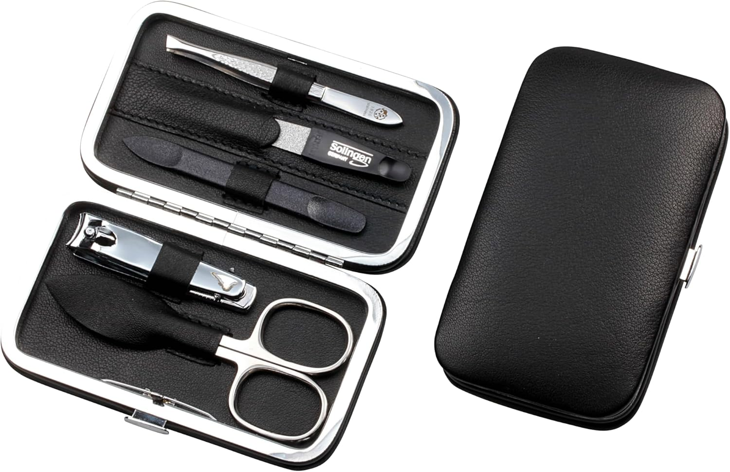 Sonnenschein by Hans Kniebes Manicure Set, 5 Pieces, Nail Scissors, Nail Clippers, Nail File, Tweezers, Double Instrument, Nappa Lambskin Manicure Case, Black image number 4