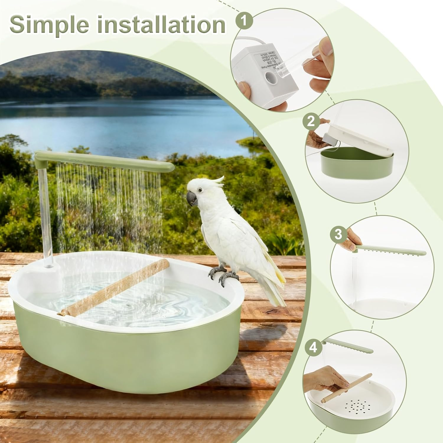 NIPUAEGO Bird Automatic Bathtub, Birds Baths Box, Parrot Tub Shower Fountain, with a USB 5V Pump, Parrot Electric Bathtub Shower, for Lovebird Cockatiel Finches Cockatoo Conure Green image number 5