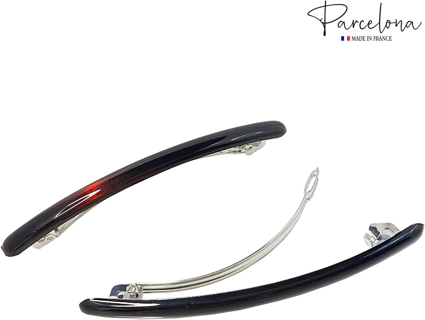 Parcelona French Skinny Rounded Tortoise Shell Brown and Black 4&rdquo; Celluloid Automatic Set of 2 Hair Clip Barrettes for Women and Girls image number 1