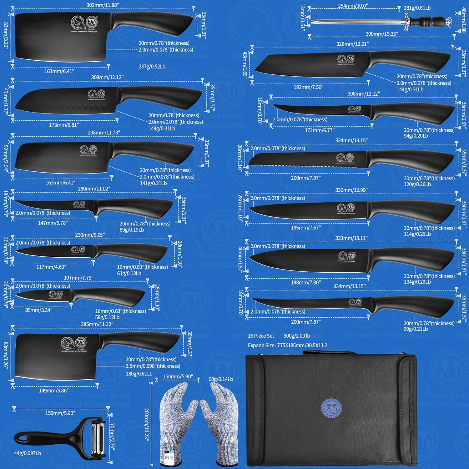 XYJ Knives,Professional Knife Sets for Master Chefs,Meat Cleaver Butcher for Camping,Chef Knife Set with Bag,Birthday Gifts for Women Men Presents (Full Black) image number 1