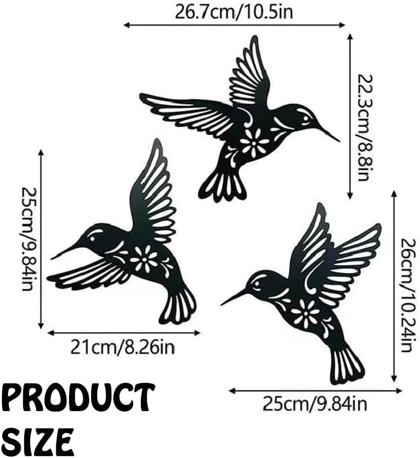 3 Pcs Black Metal Hummingbird Wall Art Decor - Iron Cutout Decorations for Home Hanging - Suitable for Patio, Balcony, Yard, Living Room, Bedroom, and Office image number 2