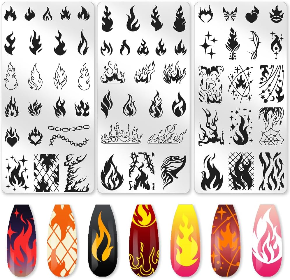Benikmake 3Pcs Flame Nail Stamping Plate Nail Printing Stainless Stencil for Manicure Salon Fire Element 6X12Cm 2.36X4.7Inch