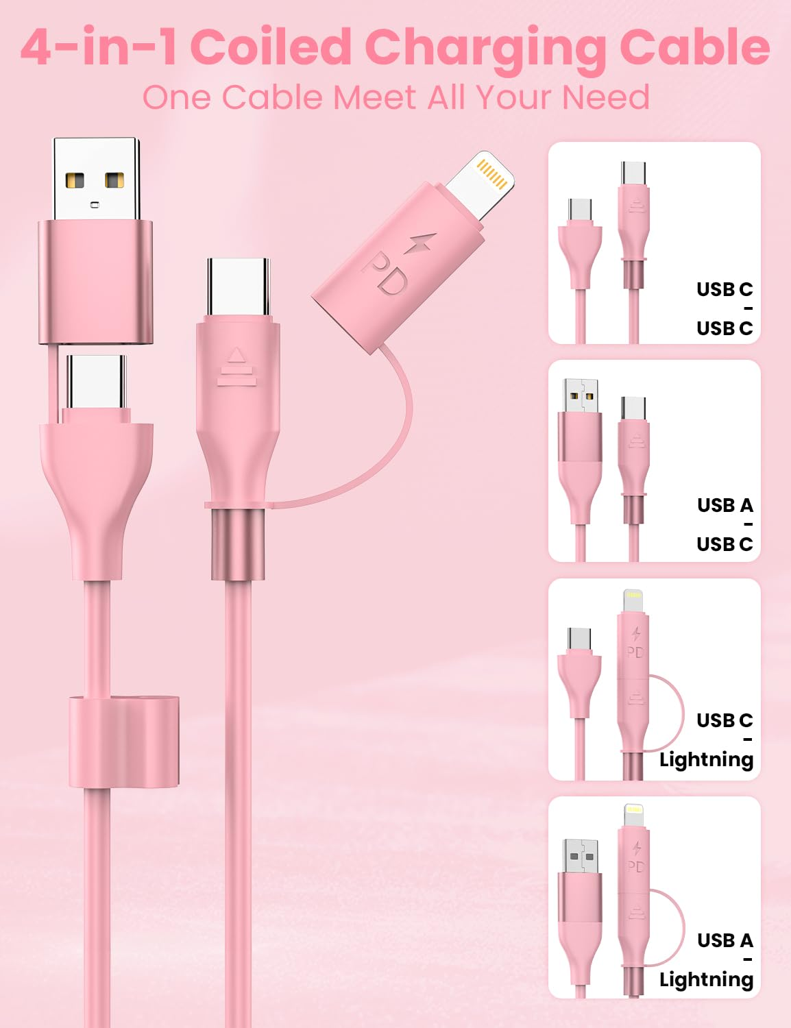 Coiled USB-C and Lightning Cable 2-In-1, Iphone 17 Car Charger Cord, 60W Fast Charging Cable for Iphone 16/15, Samsung Galaxy Supports Apple Carplay & Android Auto 1M (Pink)
