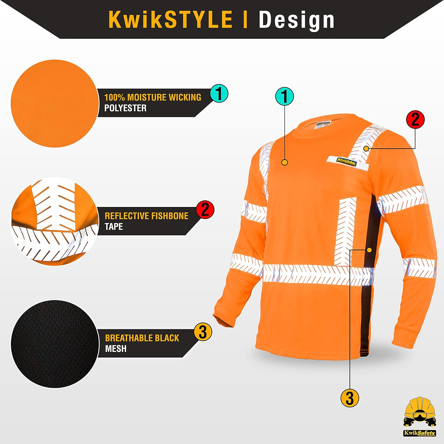 Kwiksafety (Charlotte, NC Renaissance Man | Class 3 Long Sleeve Safety Shirt | ANSI Work Wear | Hi Vis Moisture Wicking Silver Fishbone | Men Women Construction Exercise Security | Orange 3XL image number 6