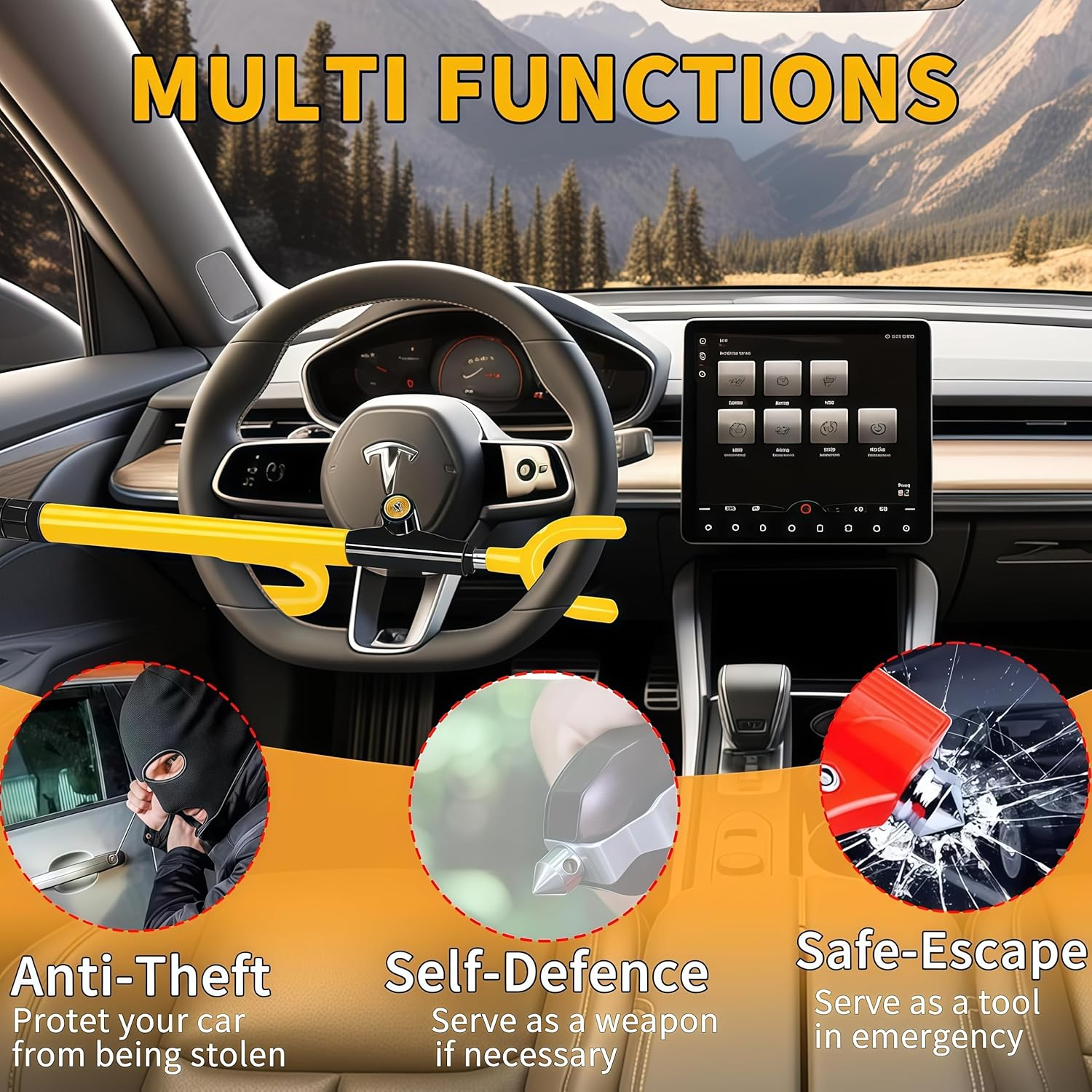 Heavy Duty Steering Wheel Lock, anti Theft Adjustable Length Car Security Lock with Key, U-Shaped Hooks Heavy Duty anti Theft Car Lock for Car Truck SUV Pickup (Yellow)