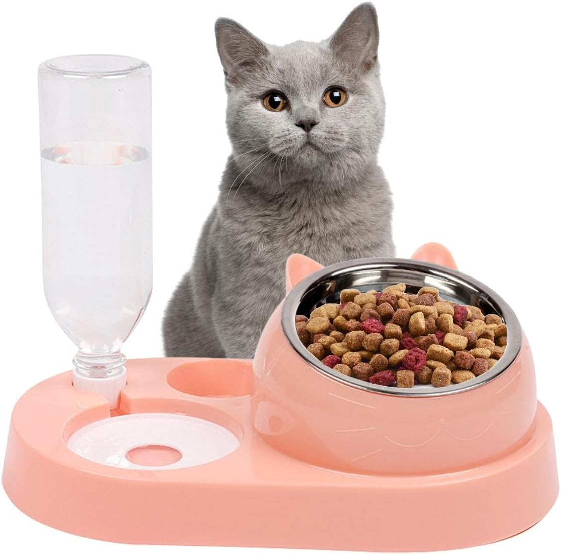 Cat Food Bowls - Cat Water Bowl with Stand - Cat Food Feeding Dishes with Automatic Cat Water Bottle for Small Dogs and Cats (Color : C: Pink Stainless Steel Bowl) image number 1