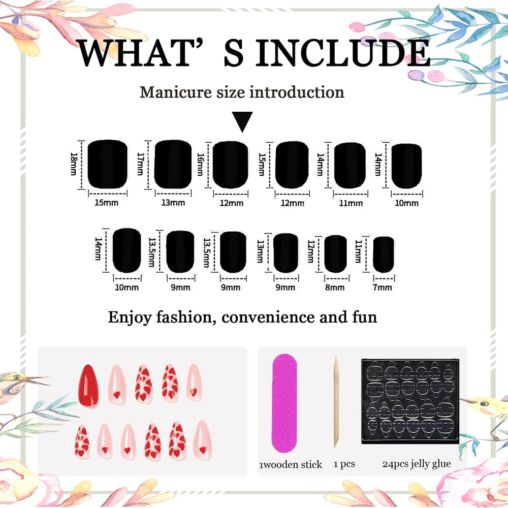 Red Heart Press on Nails Medium Valentine&rsquo;S Day Coffin Fake Nails Glue on Nails with Nail Adhesive Almond Shape Heart Exquisite Design Stick on Nails for Women and Girls 24Pcs image number 1