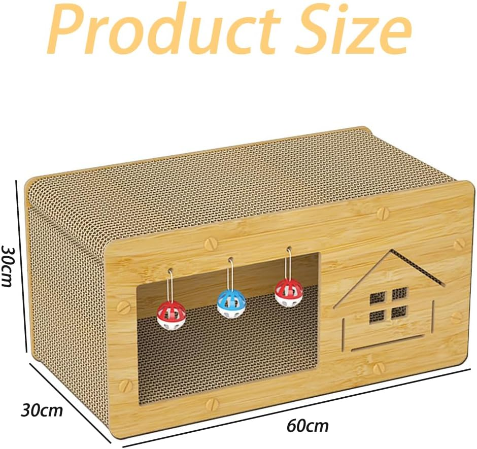Cat Scratcher House with Cat Cardboard Pad, Wooden Cat Scratcher House with Ball with Bell, Large Space Let Your Kitties Scratch, Play, & Rest Cardboard Cat House Easy to Assemble 60X30X30 Cm image number 5
