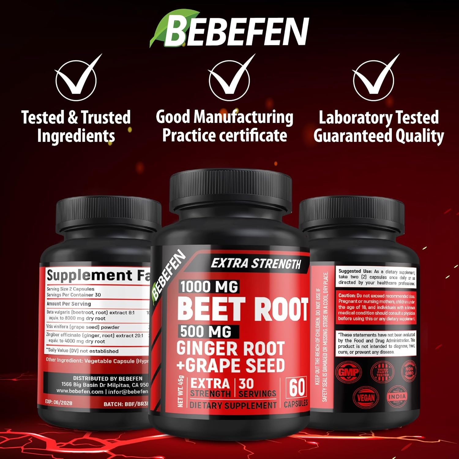 Beet Root Supplement, 1,500Mg per Serving | with Ginger & Grape Seed - 20:1 Extract, Supports Nitric Oxide Production, Beets Supplements with Non-Gmo Beetroot Powder 60 Capsules image number 1