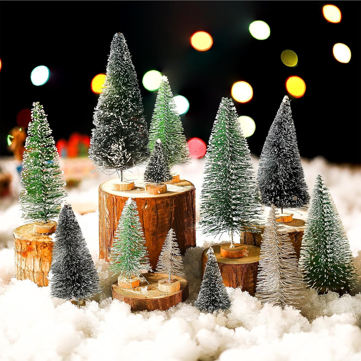Riceshoot 90 Pcs Mini Christmas Trees with Wooden Base, 5 Sizes, 3 Colors, Artificial Sisal Silk Trees for Crafts, Table Decorations, Home, Office, Car image number 1