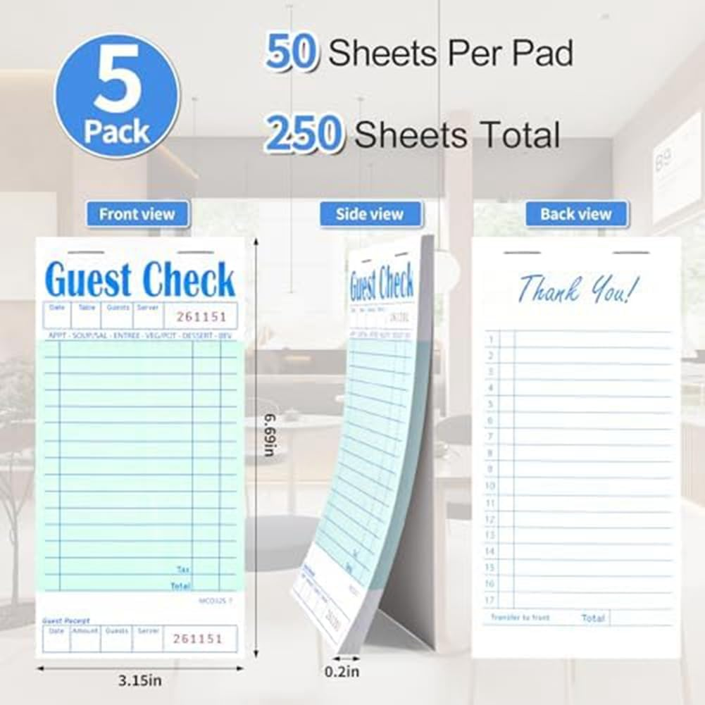 Zicojia 5 Pack Guest Check Books Green Waiter Checkbook Restaurant Order Pad 50 Sheets/Pack image number 2