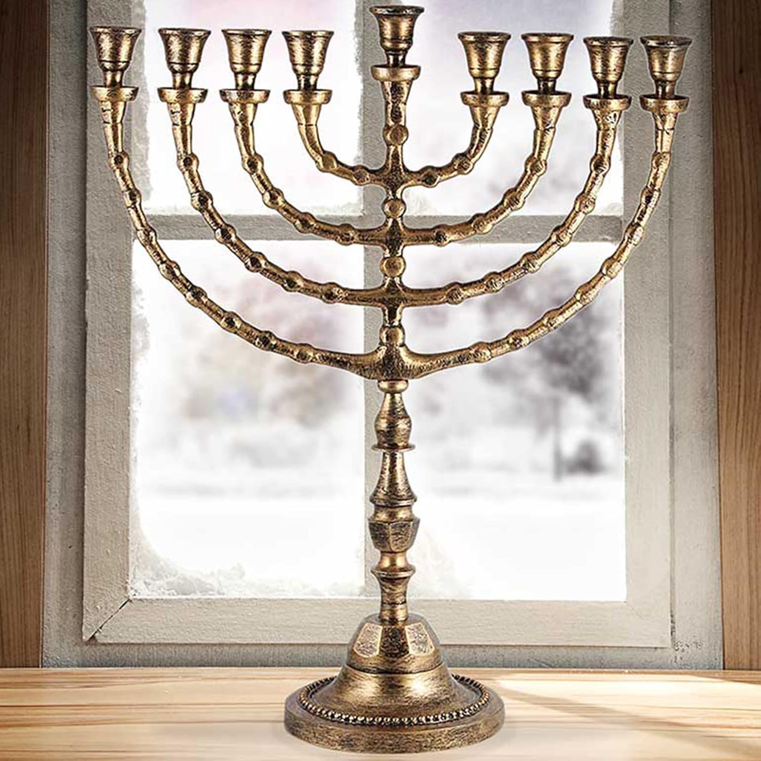 Zion Judaica X Large Traditional Menorah Uses Candles or Oil (Antique Gold) 21" Tall image number 4