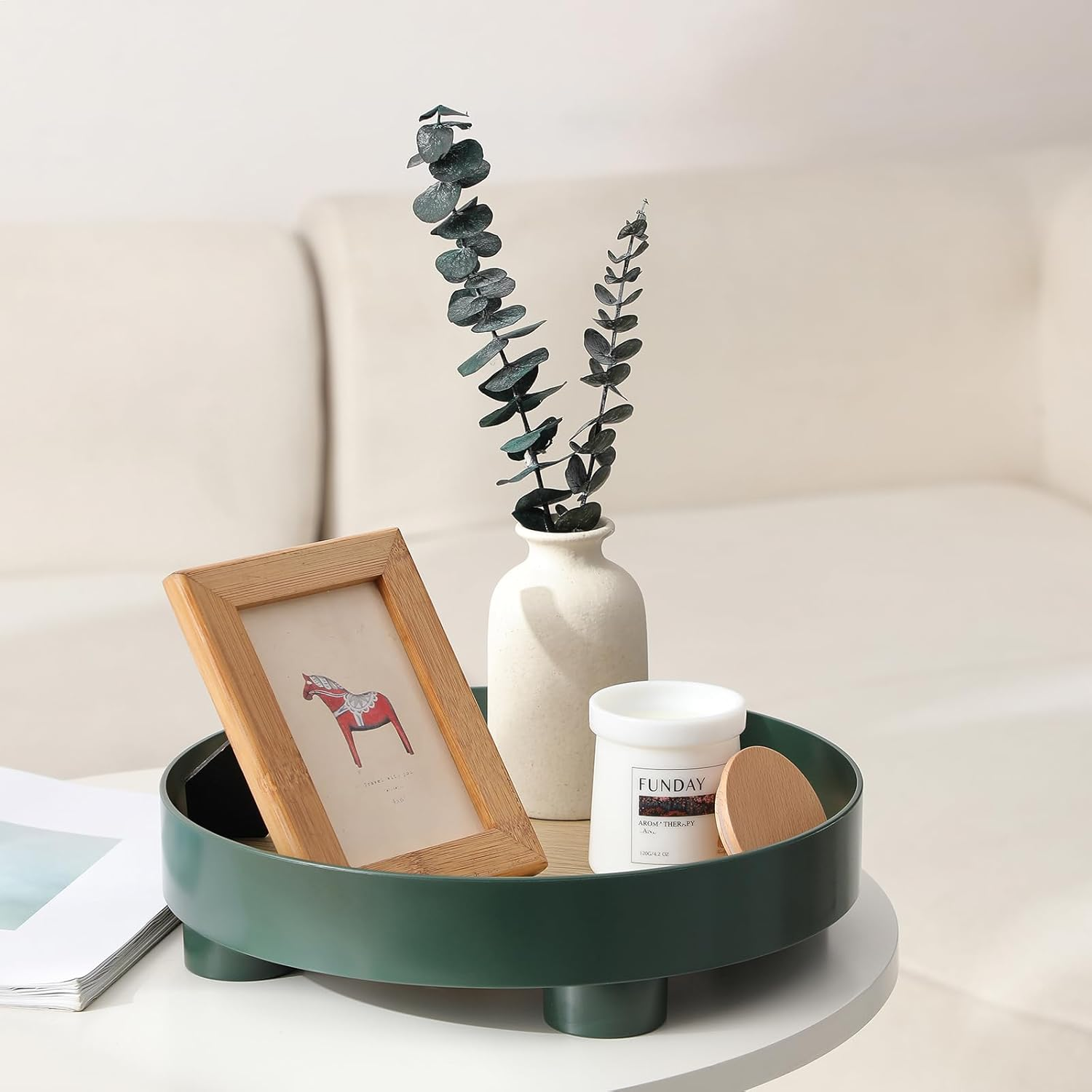 Decorative Tray Coffee Table Tray round Trays for Home Decor Bathroom Counter Tray Perfume Organizer for Dining Table, Dresser, Kitchen, 12 Inch, Green image number 4