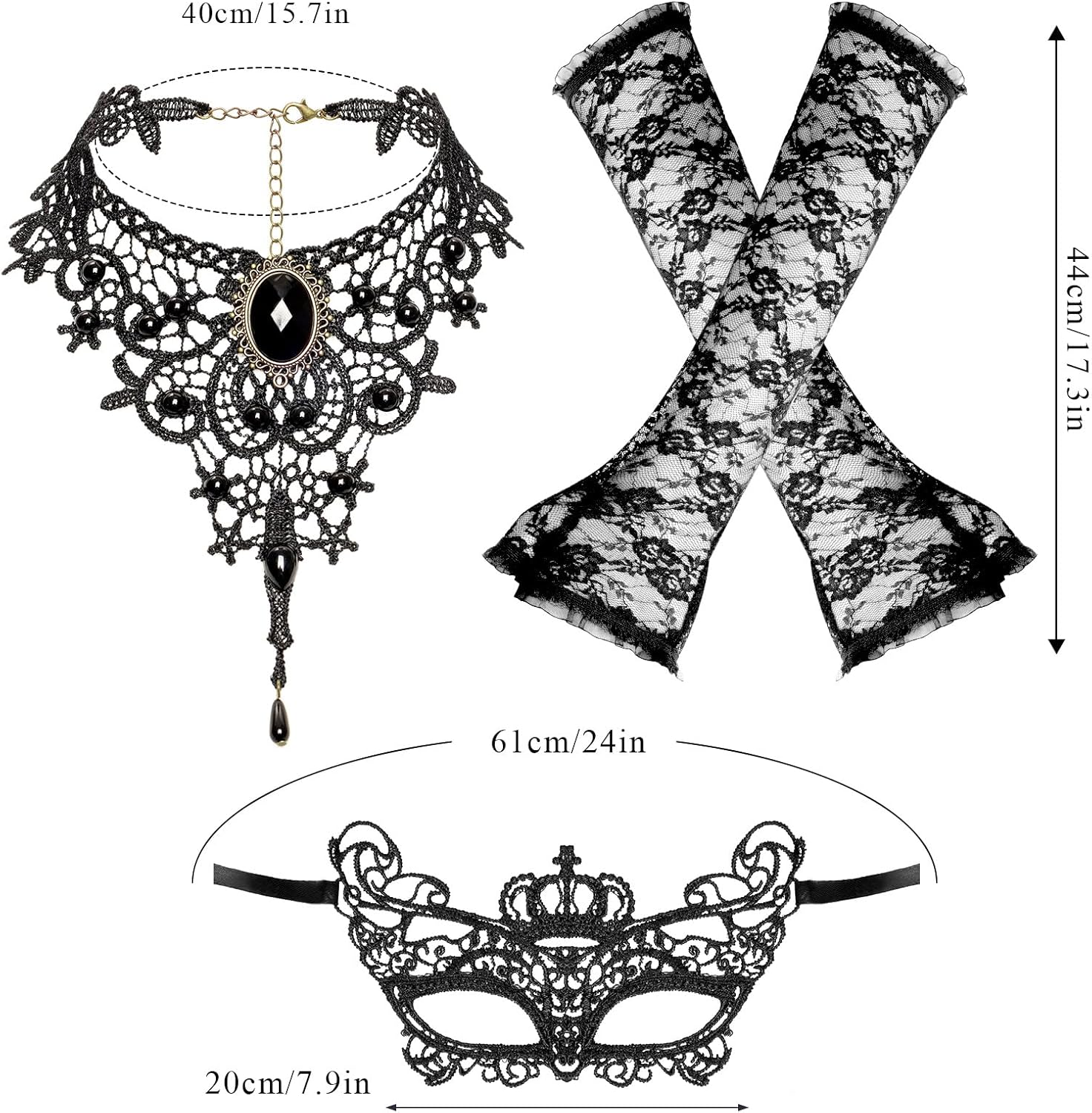 6 Pcs Masqueraders Mask Set Black Lace Eyemask Necklace Gloves Costume Accessories Party Halloween Jewelry for Women image number 5