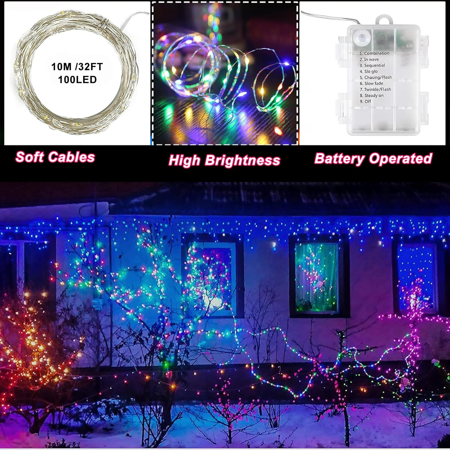 33Ft 100 LED String Lights, 2Packs Multicolor Fairy Lights Battery Operated with 8 Modes Led Twinkle Lights for Bedroom Wedding Birthday Party image number 6