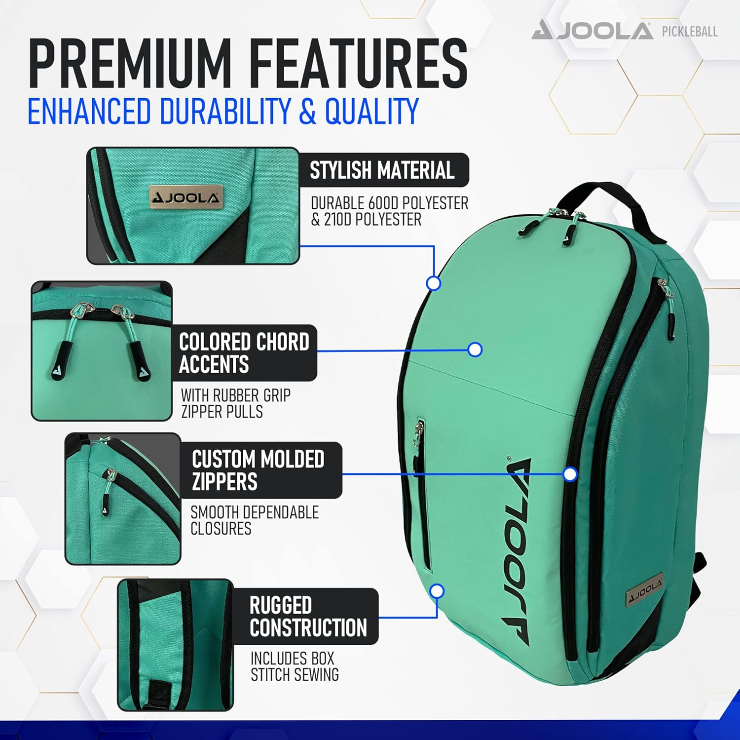 JOOLA Vision II Pickleball Bag - Backpack Holds 8 Pickleball Paddles plus Side Pockets for Pickleball Balls - Separate Ventilated Compartment for Shoes, Interior & Exterior Accessory Pockets - Teal image number 6