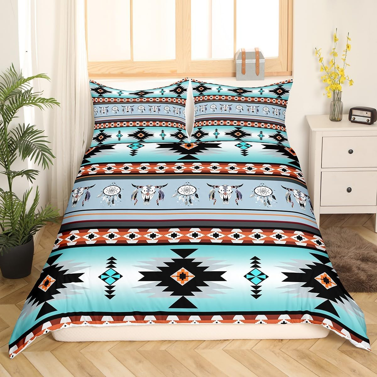 Erosebridal Western Boho Duvet Cover Full,Highland Cow Dream Catcher Comforter Cover Southwestern Bedding Set,Ethnic Tribal Arrow Aztec Bed Set Retro Vintage Exotic Bull Cattle Bohemian Decor image number 6