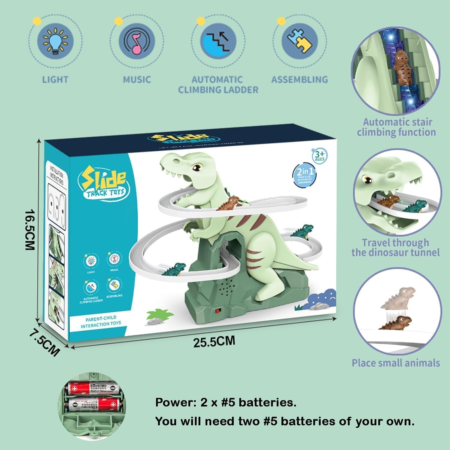 Dinosaur Roller Coaster Toy Electric Puzzle Walk Dino Chase Ramp Connect Racetrack Build Own Slide Indoor Climb Stair Musical Playset Fun Electronic Kid Toddler Child Boy Adventure Interactive Game image number 4