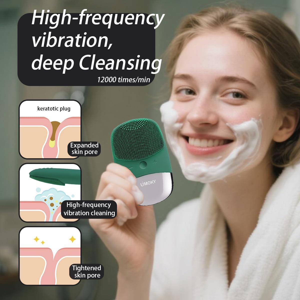 Facial Cleansing Brush, 3-In-1 Electric Silicone Face Scrubber, Vibrating Massager, IPX7 Waterproof, USB Rechargeble Pore Brush for Deep Cleanning, Blackhead Remover, Exfoliating (Green) image number 2