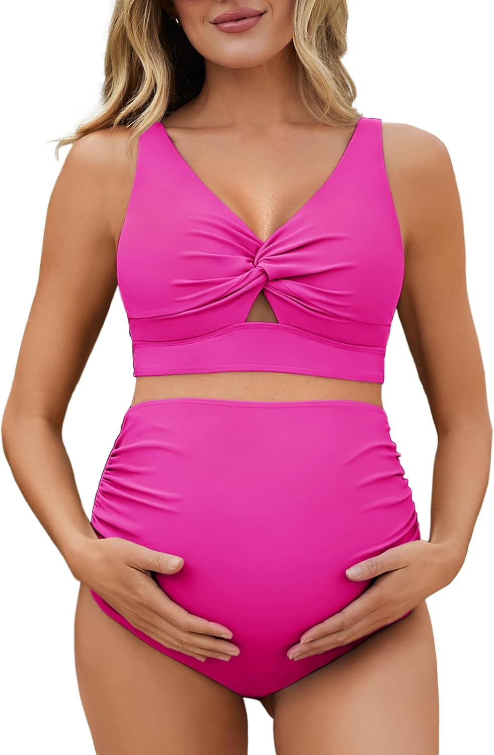 Summer Mae Twist Maternity Bikini Two Piece Pregnancy Swimsuits Cutout Bathing Suit High Waisted Ruched Swimwear image number 3
