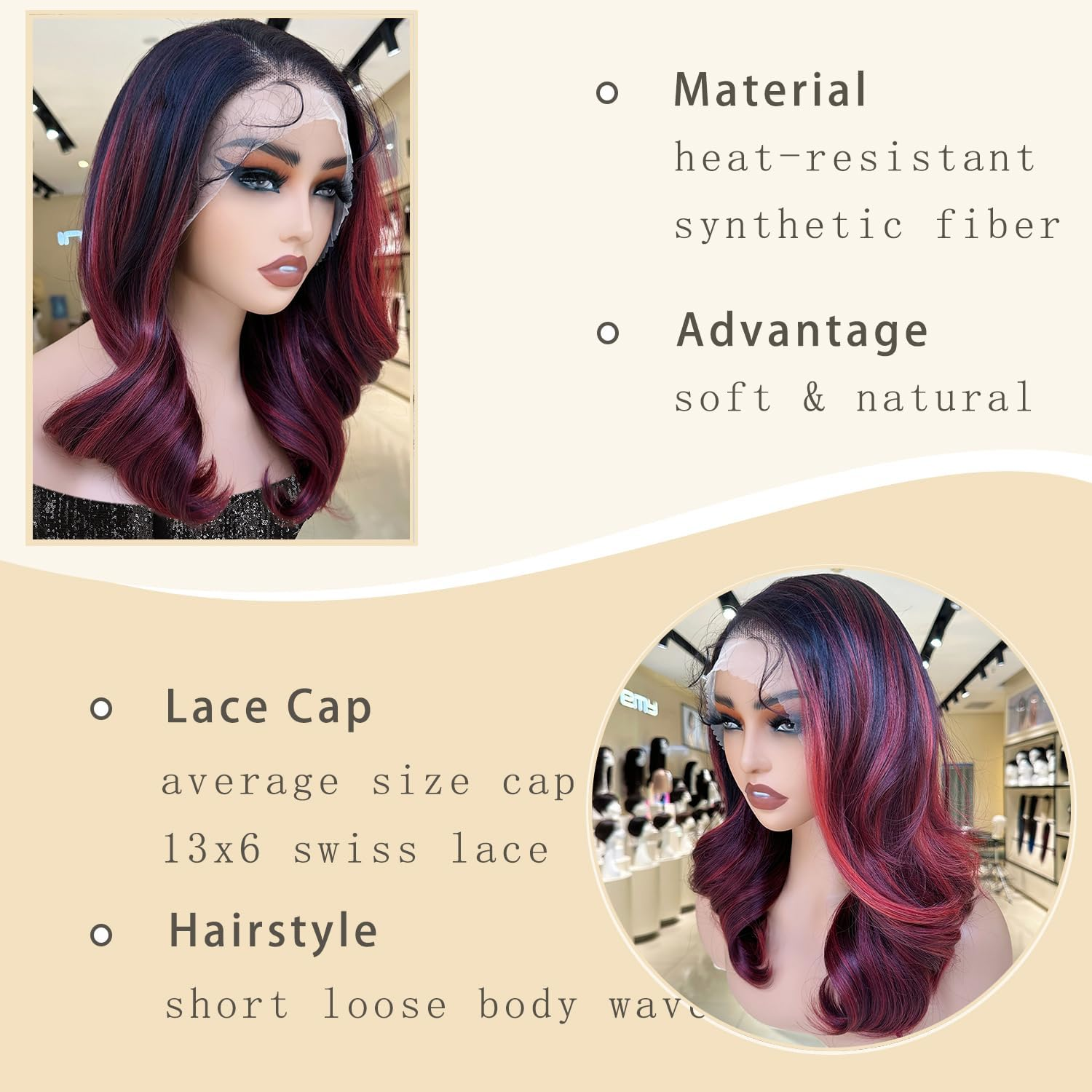 Bordeaux Red Shimmer Lace Wig 13X6Cm Synthetic Lace Front Light Heat Resistant Short Wavy Wigs for Women image number 2