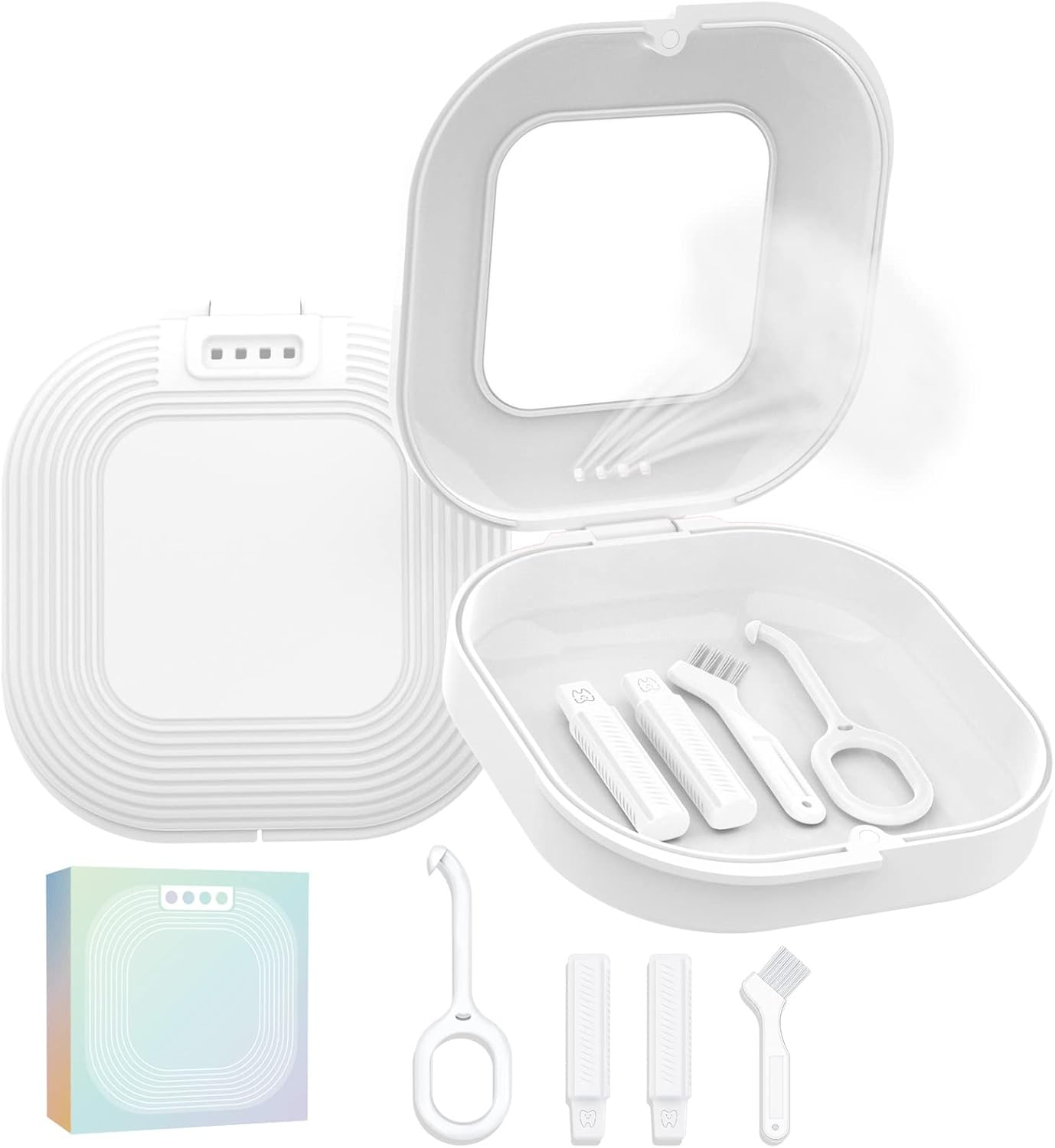 Retainer Case with Mirror, Slim Aligner Case with Vent Holes, Compatible with Invisalign, Mouth Guard Case, Cute Retainer Case with Retainer Removal Tool, Chewies and Brush, White image number 4