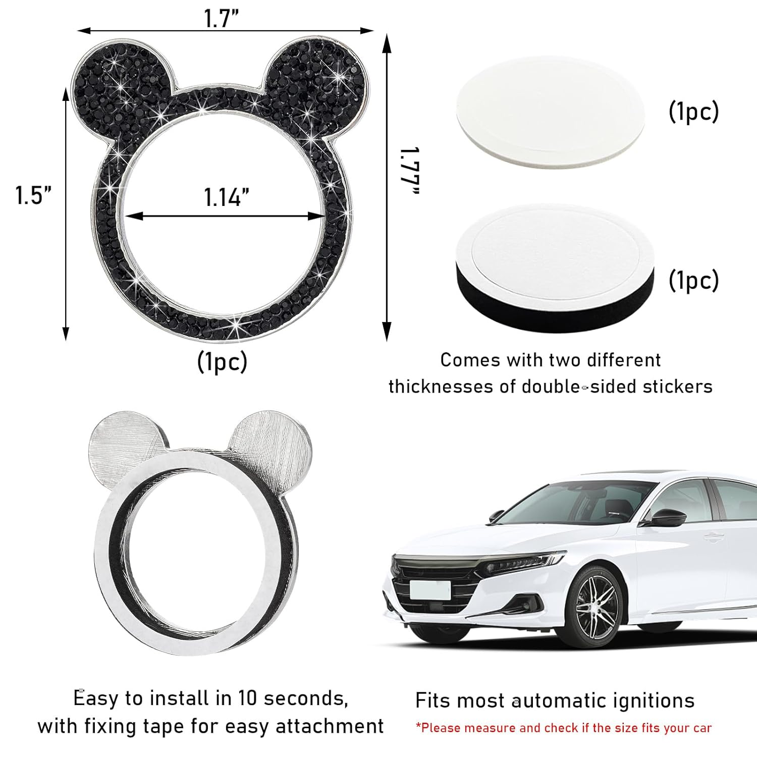 Augeny Bling Car Engine Start Button Cover, Rhinestone Key Ignition Knob Ring, Sparkling Push to Start Button Sticker for Women, Universal Car Accessories for Interior Decoration (1PC, Black) image number 1