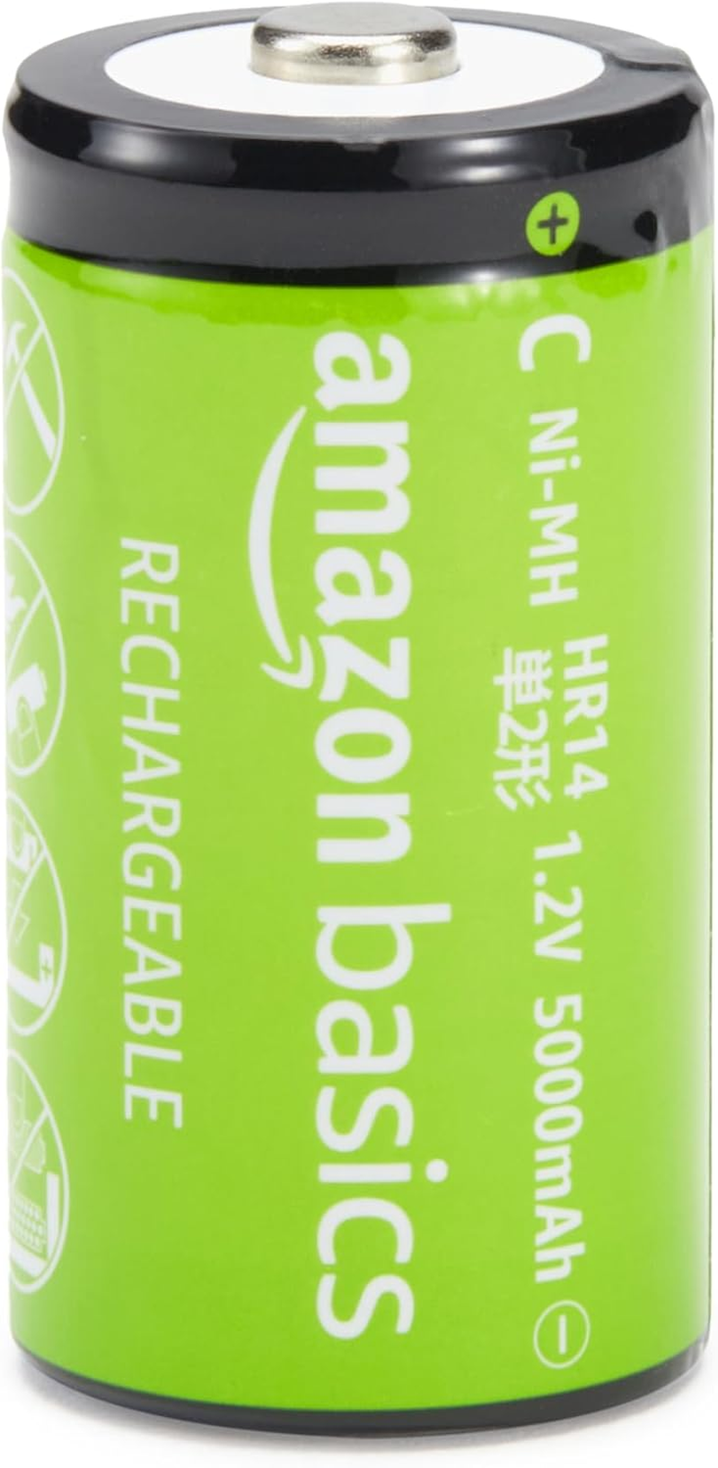 Amazon Basics 4-Pack Rechargeable C Cell Nimh Batteries, 5000 Mah, Recharge up to 1000X Times, Pre-Charged