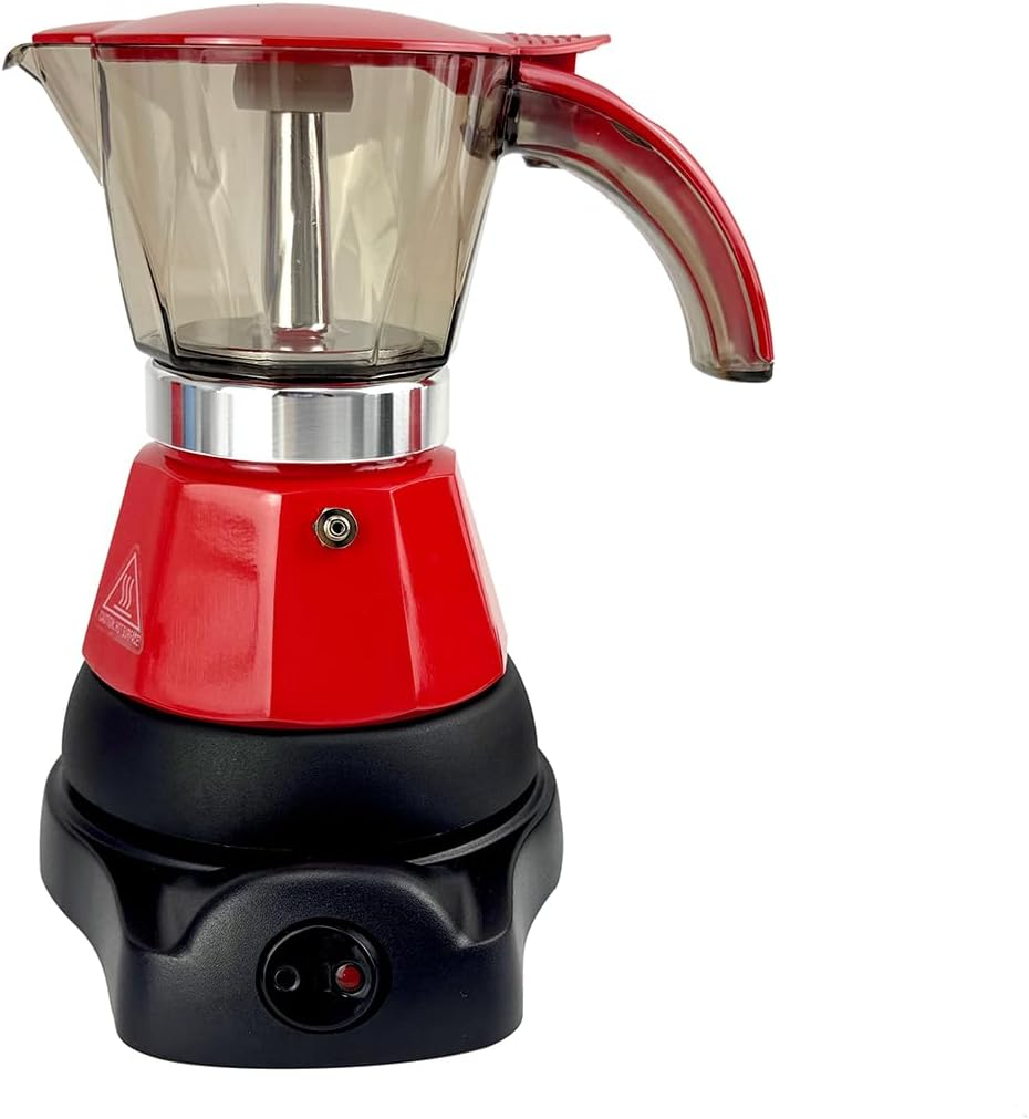 Mornest Electric Moka Pot Coffee Maker, Electric Espresso Maker with Auto Shutoff, Italian Classic, 360 Degree Rotating Base, Portable Coffee Home & Travel, 3 Cups (150Ml), Red/White (Red)