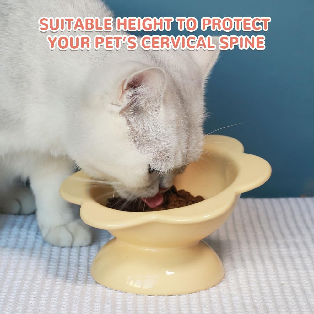 2 Piece Ceramic Cat Bowl, Flower Shaped Cat Food Bowl, Raised Slanted, Protect Spine, Suitable for Cats, Puppies, Rabbits, Small Animals (Pink, Yellow) image number 2