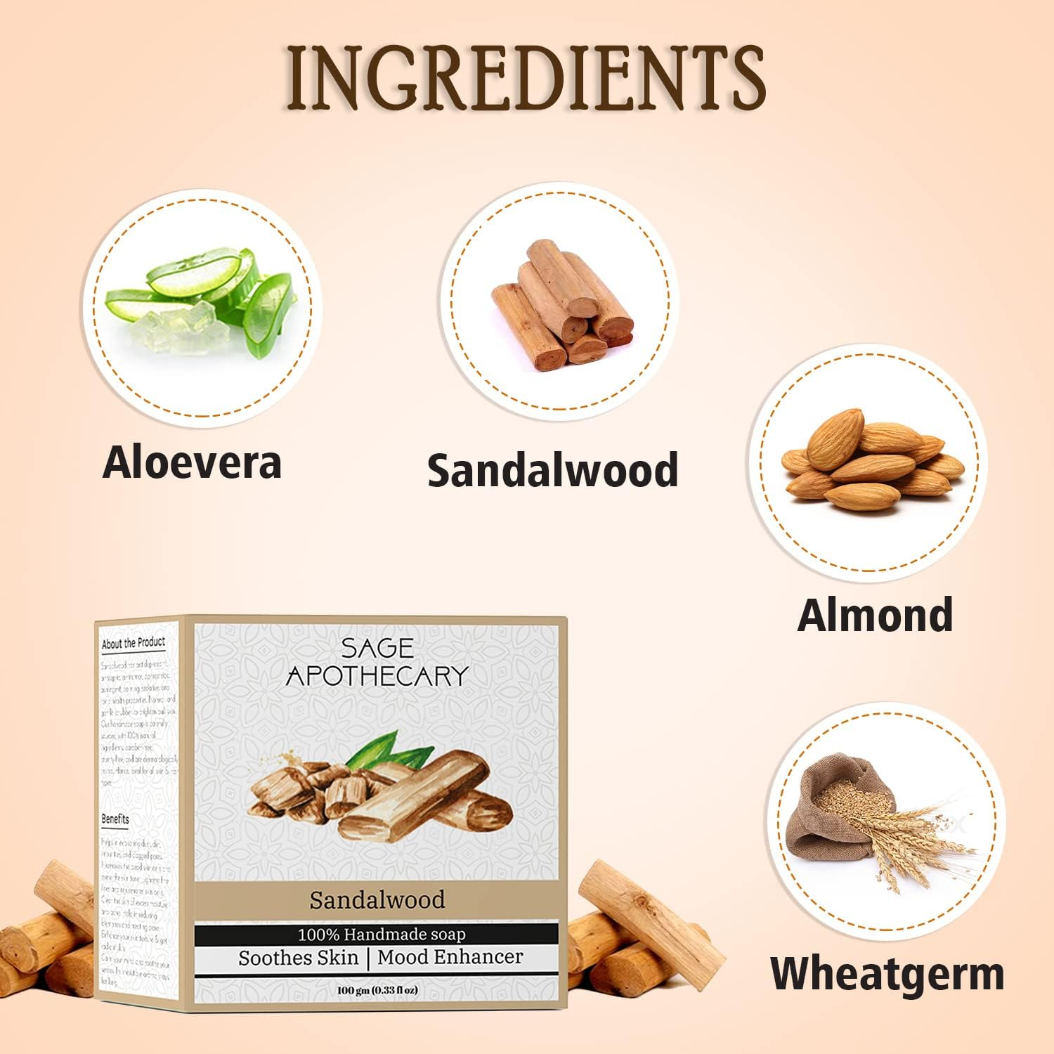 Sage Apothecary Natural Handcrafted Sandalwood Bath Soap for Refreshing Fragrance for Skin Brightening Soap | Deep Cleansing | Moisture Dry Skin | Glowing Skin Soap- (100 GM) image number 4