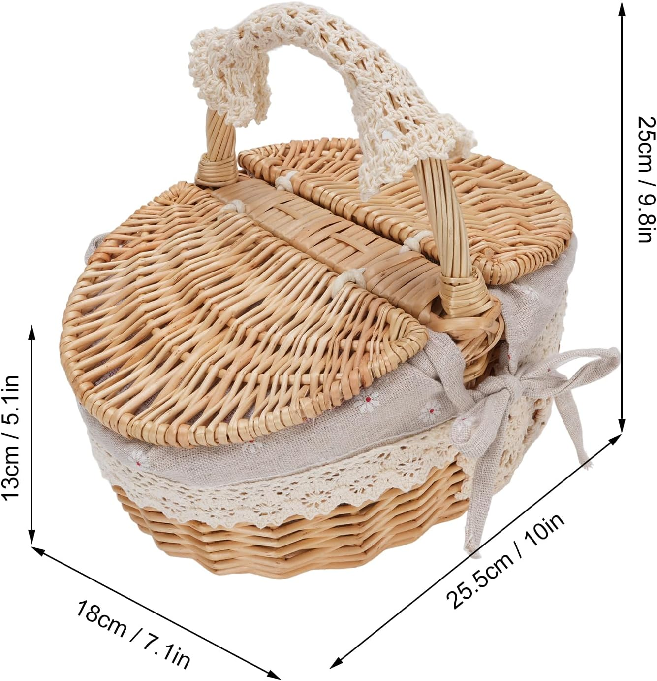 Wicker Picnic Basket with Removable Liner, Empty Picnic Hamper with Lid and Handle for Outdoor Camping, Wicker & Linen Cotton, 25.5X18X25Cm (Daisy) image number 2