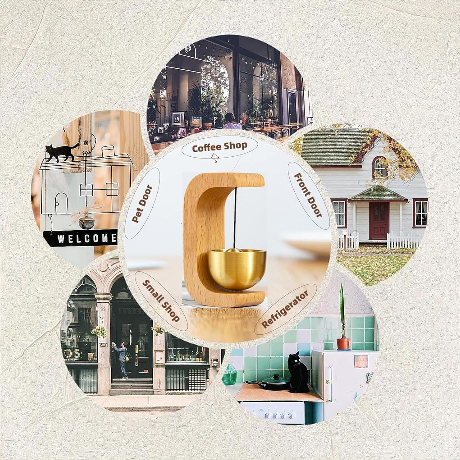 Jectse Shopkeepers Bell for Door Opening, 7.5X3.7X3.2Cm/2.95X1.45X1.25Inch Wood Brass Retro Magnetic Doorbell Cute Door Chime for Business When Entering, C-Shaped Decor Bells with Double Sided Tape