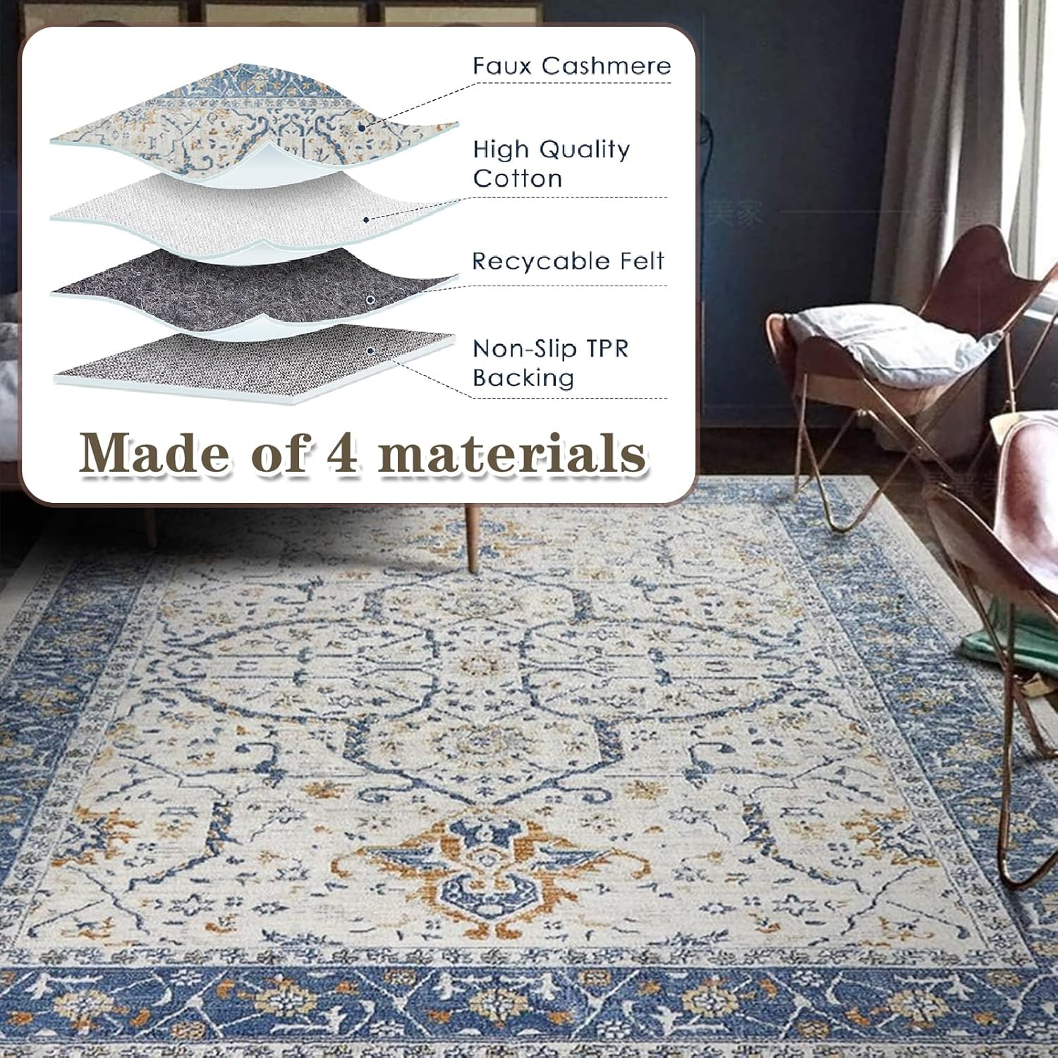 Large Area Rugs for Living Room, Boho Area Rugs, Indoor Vintage Large Area Rug, No Slip Thin Rugs Carpet for Bedroom Home Office Aesthetic Decor (Blue,160 X 230 CM) image number 3