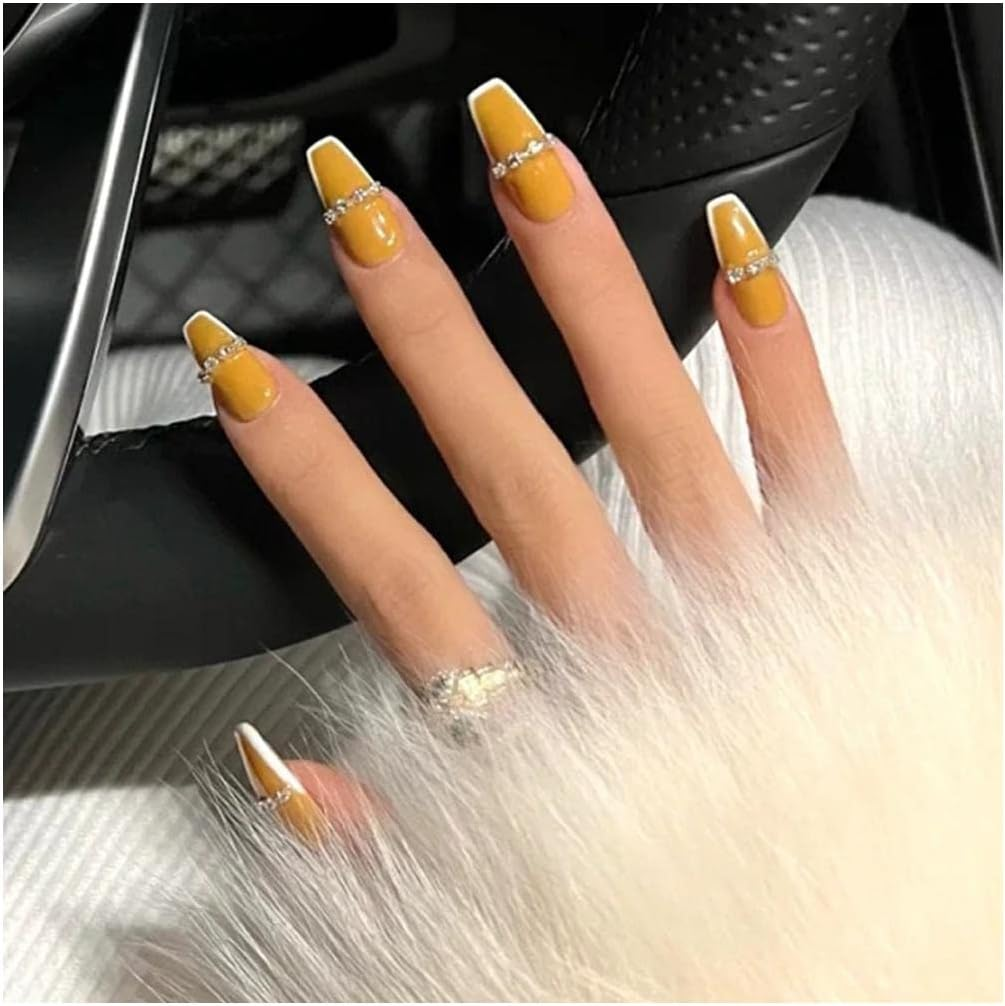 Fake Nail 24PCS French Chain Rhinestones Design Artificial False Nails Full Coverage Fake Nails Detachable Nails Art Press on Nails Women False Nails