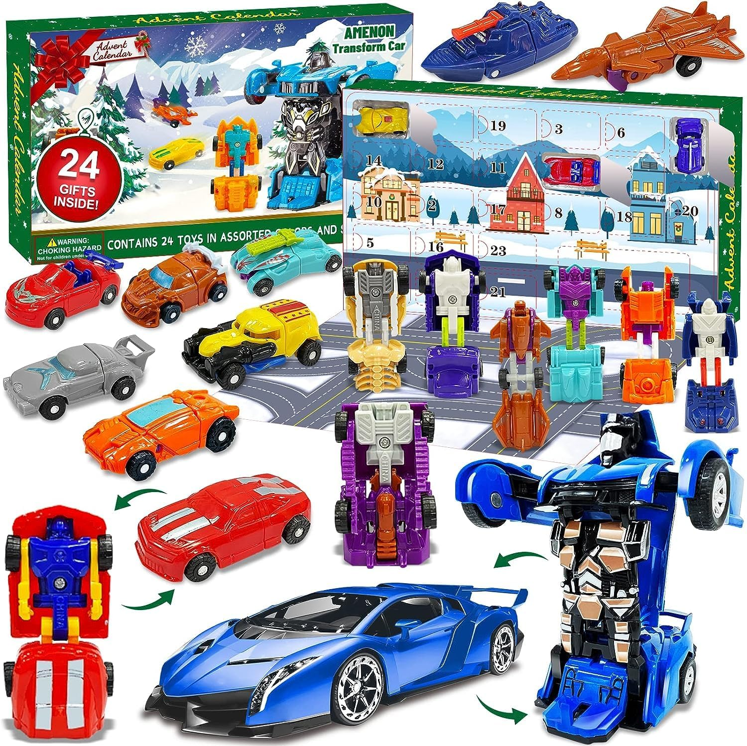 AMENON 24 Pcs Transform Car Robot Toys Christmas Advent Calendar 2023 for Kids Boys, 24 Days Countdown Calendar Large Car Automatic Deformation + 23 Vehicles Xmas Stocking Stuffers Gifts Party Favors image number 4