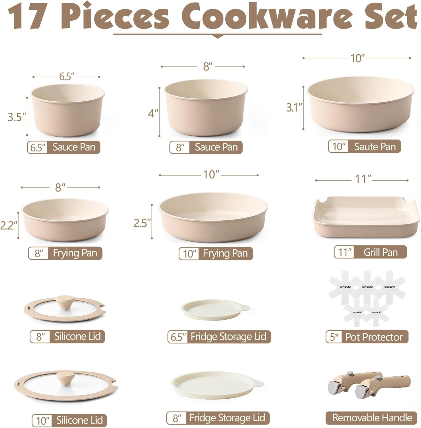 SENSARTE 17 Piece Ceramic Pots and Pans Set, Nonstick Detachable Handle Cookware, Induction Kitchen Cookware Set with Removable Handle, Dishwasher ＆ Oven Safe, PFAS/PTFE/PFOA Free (Almond Beige) image number 1