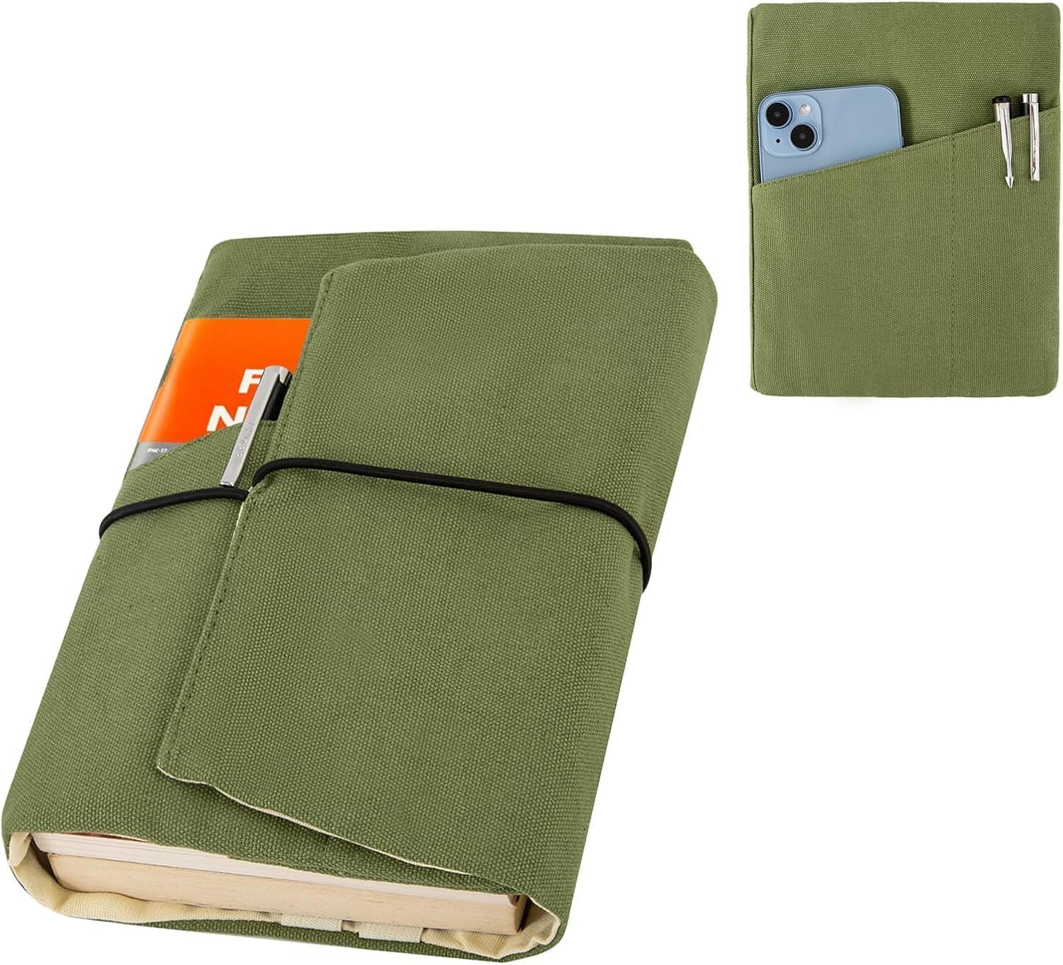 Canvas Book Cover Sleeve, Adjustable Washable Book Protector, for Hardcover/Paperbacks with Pockets for Pen, Elastic Cord Binding, Soft Book Covers, Bookish Gifts for Book Lovers (Black)