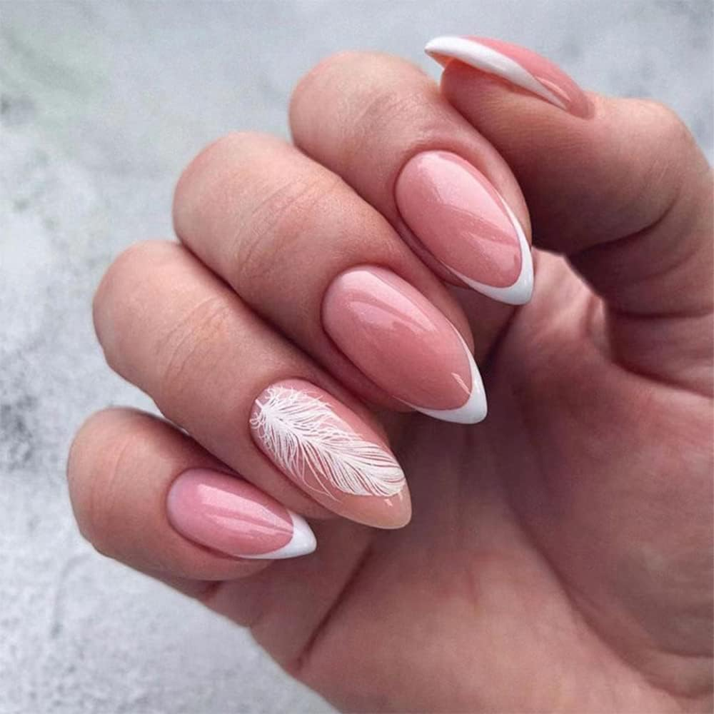 Medium Almond White French Nails for Gluing, KXAMELIE Press on Nails with Leather Designs Acrylic Artificial Nails for Women and Girls Daily Use 24 Pieces image number 1