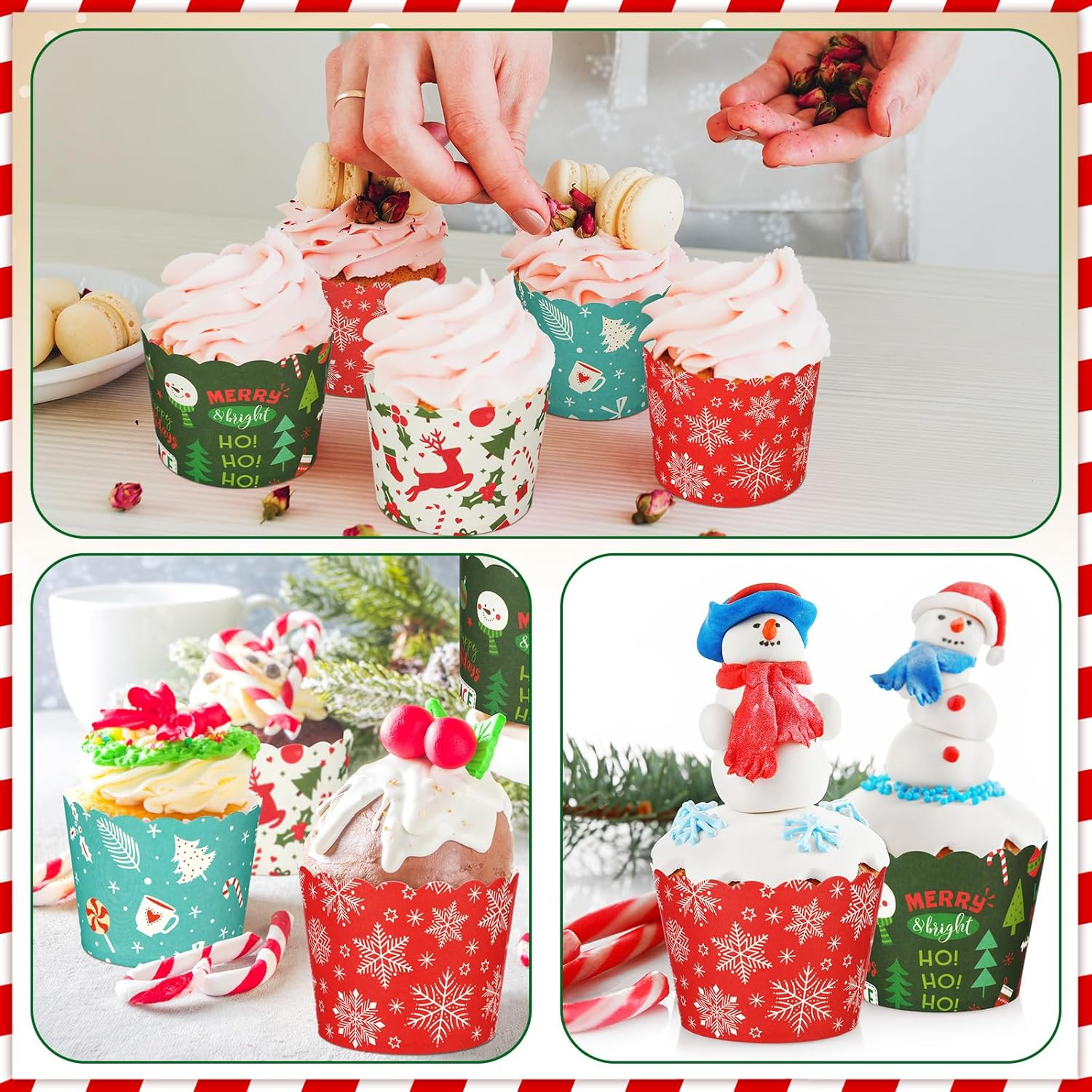 Uiifan 200 Pcs 6 Oz Muffin Cupcakes Christmas Baking Paper Cups Greaseproof Baking Cup Christmas Muffin Paper Cups 4 Styles Xmas Baking Paper Cup Christmas Party Supplies for Cake Balls Candies image number 4